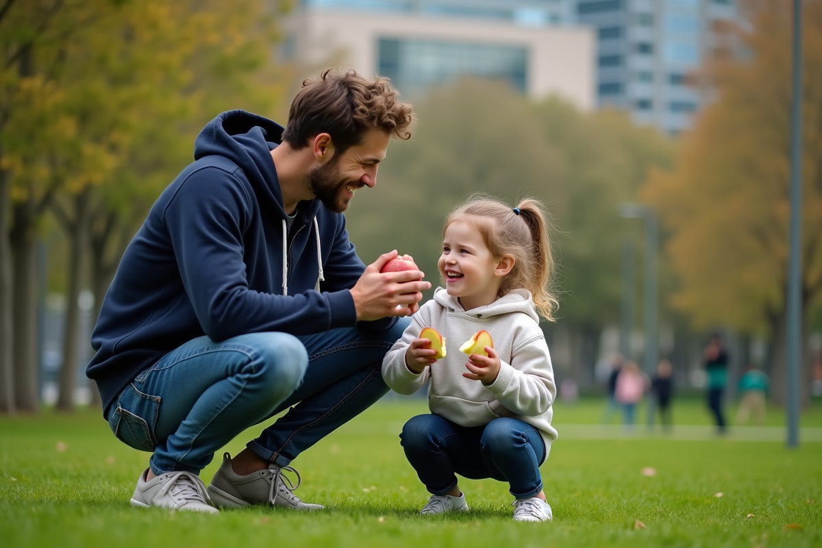 Père et fille partageant une pomme dans un parc urbain
