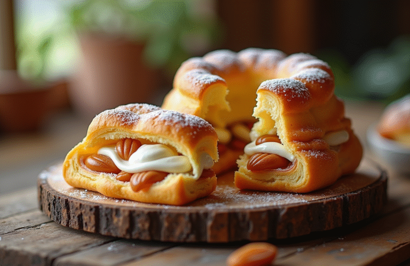 Gâteau ParisBrest coupé avec crème pralinée riche