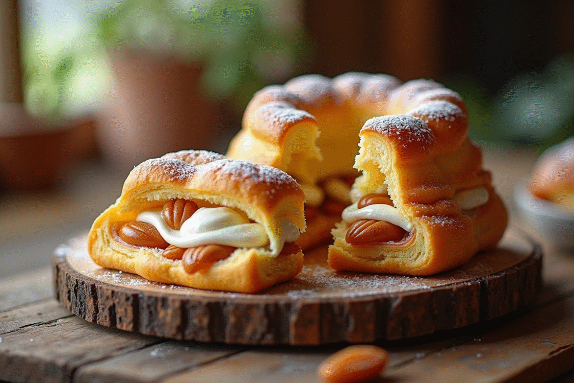 Gâteau ParisBrest coupé avec crème pralinée riche