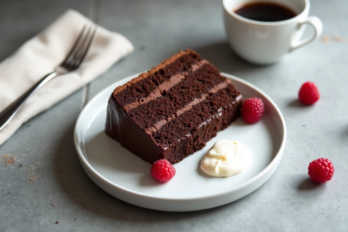 Part de gâteau au chocolat moelleux servi sur assiette blanche avec crème fraîche et framboises, vue de dessus