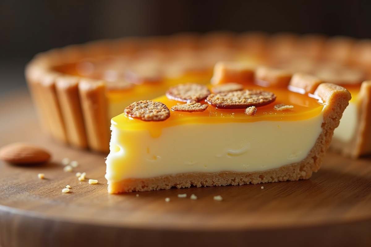 Tranche de tarte aux amandes dorée en gros plan