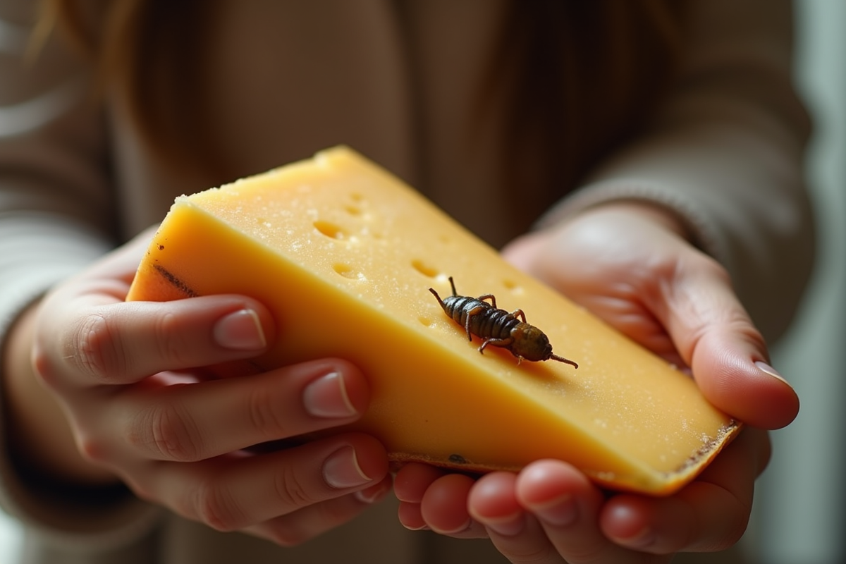 Personne tenant une tranche de fromage corse avec maggots