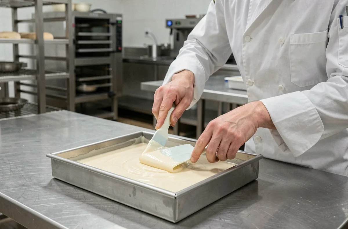 Pâtissier professionnel étalant la pâte à pain de gênes dans un cadre à entremets en inox sur un plan de travail en cuisine professionnelle