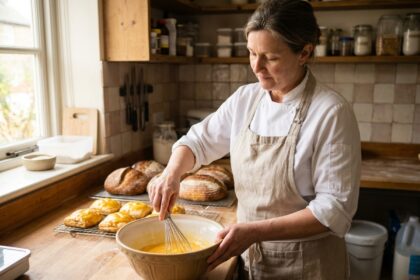 Pâtissière en action dans une boulangerie artisanale