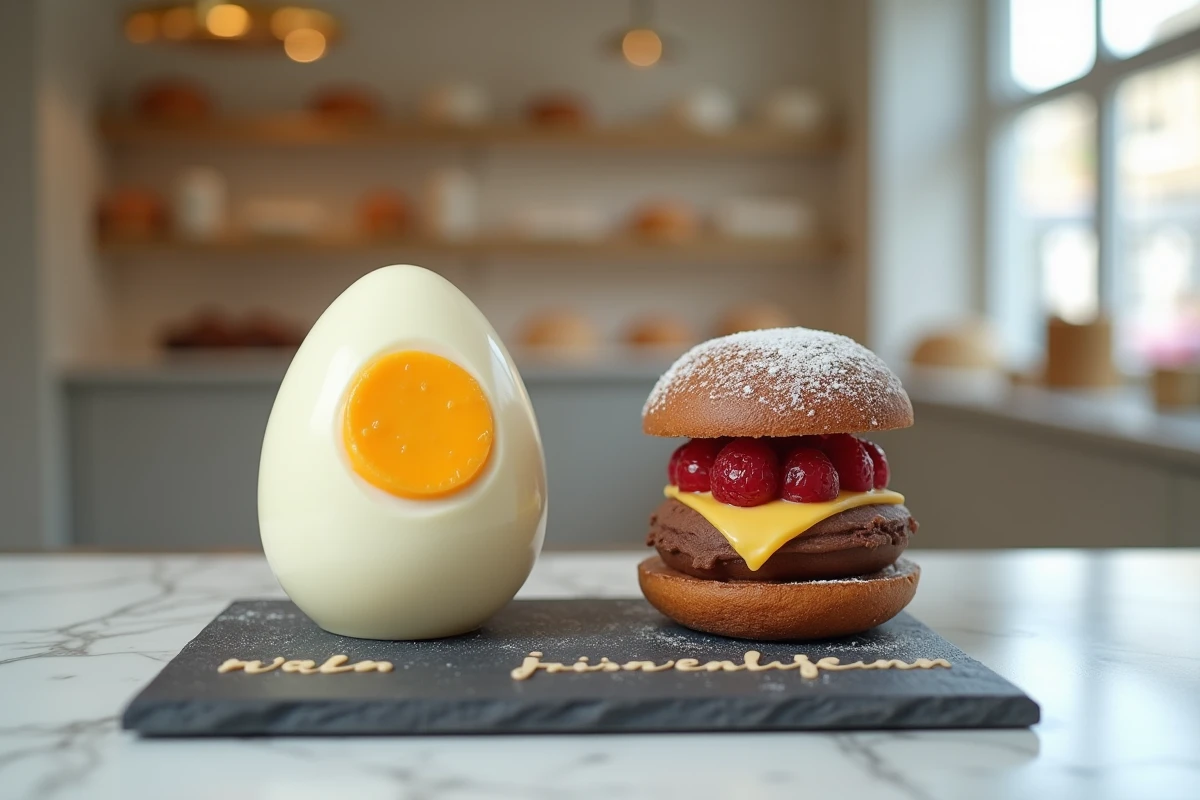 Pâtisserie trompe l'oeil avec œuf en chocolat blanc et burger en biscuit sur comptoir de marbre dans une pâtisserie parisienne