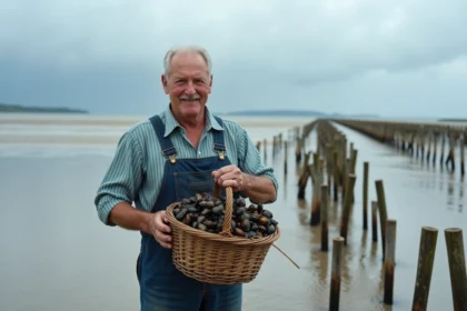 Pêcheur français souriant avec panier de moules fraîchement récoltées