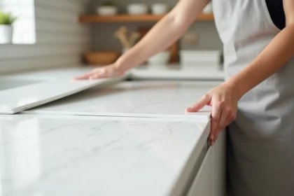 Femme posant un plan de travail effet marbre sur une cuisine IKEA dans un intérieur scandinave