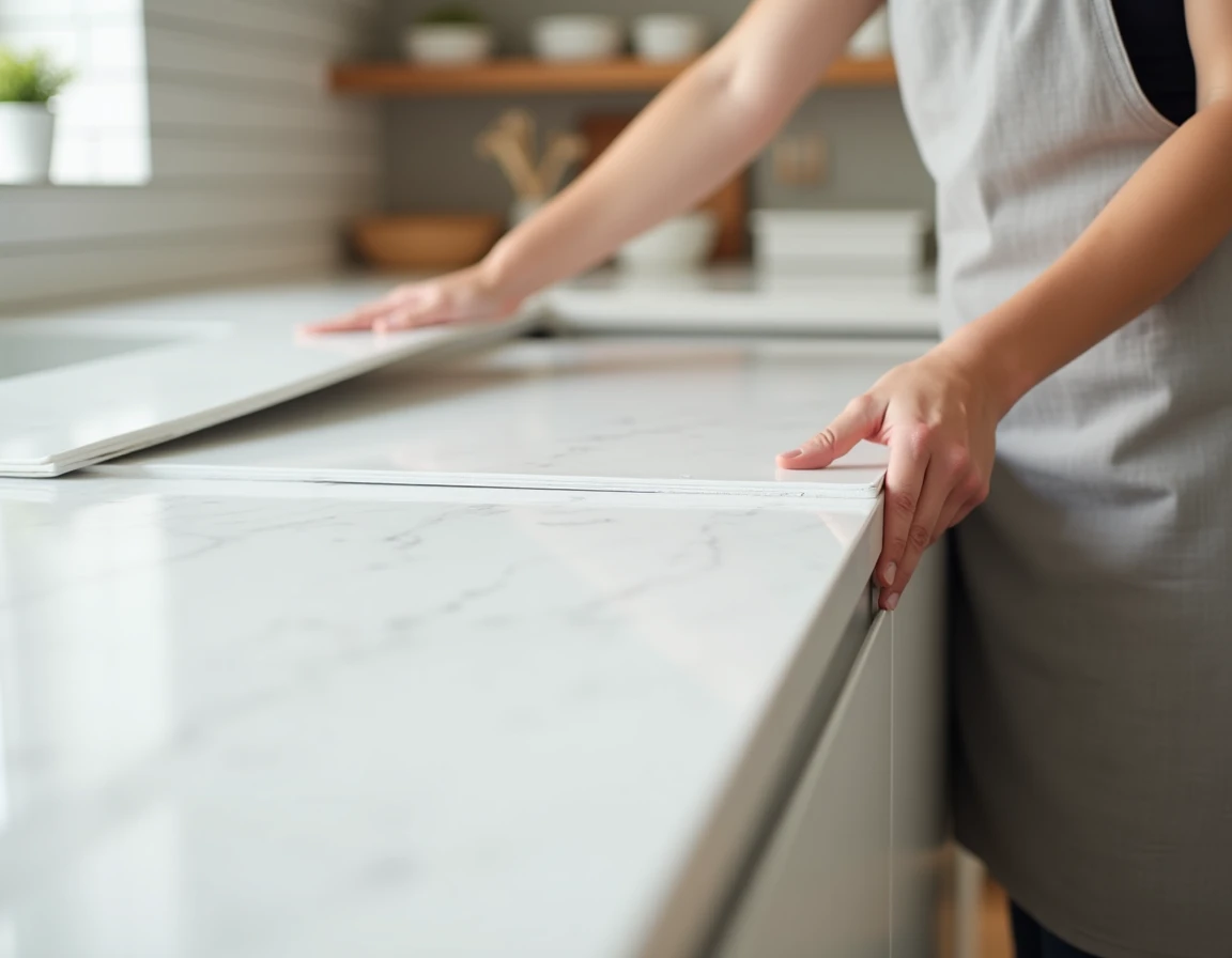 Femme posant un plan de travail effet marbre sur une cuisine IKEA dans un intérieur scandinave