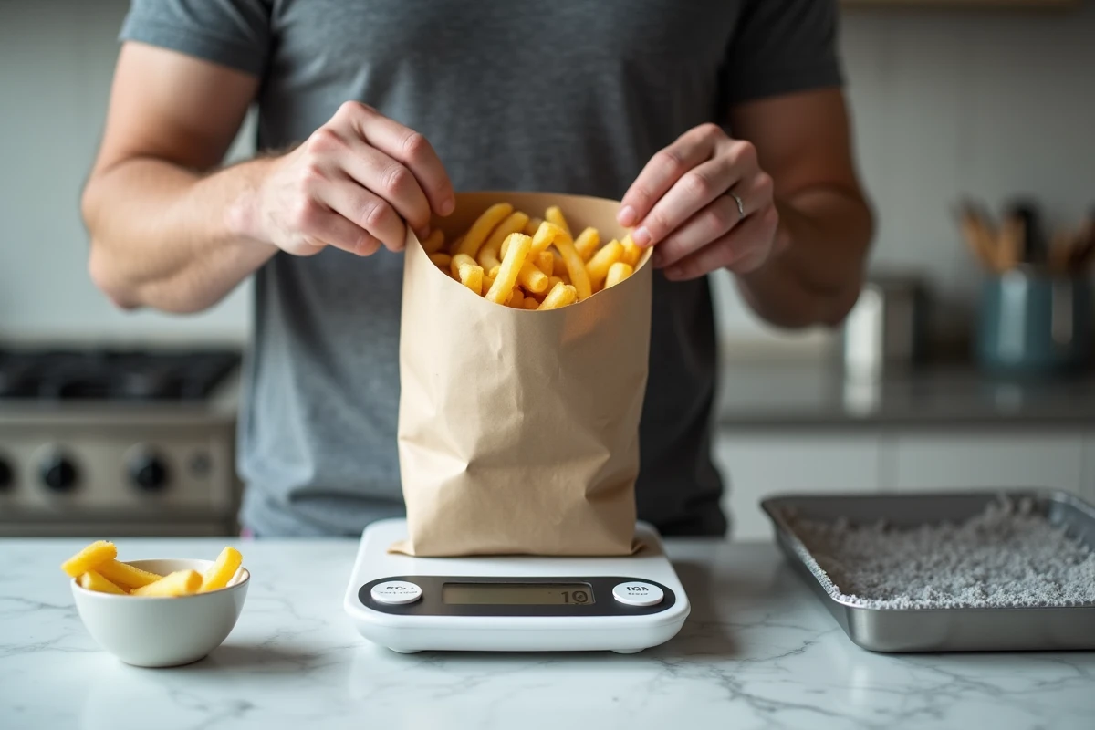 Homme pesant des frites surgelées sur une balance de cuisine pour calculer la quantité par personne