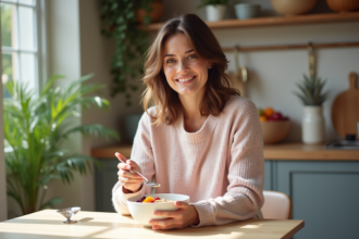 Femme préparant un bol de petit déjeuner équilibré dans la cuisine