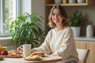 Jeune femme mangeant un petit déjeuner sain dans une cuisine lumineuse