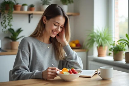 Jeune femme mangeant un bol de fruits et yaourt