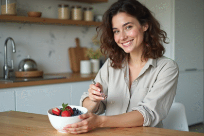 Femme souriante préparant un bol de yaourt aux fruits dans une cuisine lumineuse