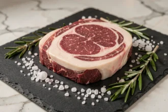 Picanha de veau crue avec cap de gras épais posée sur une ardoise sombre entourée de sel de mer et de romarin frais