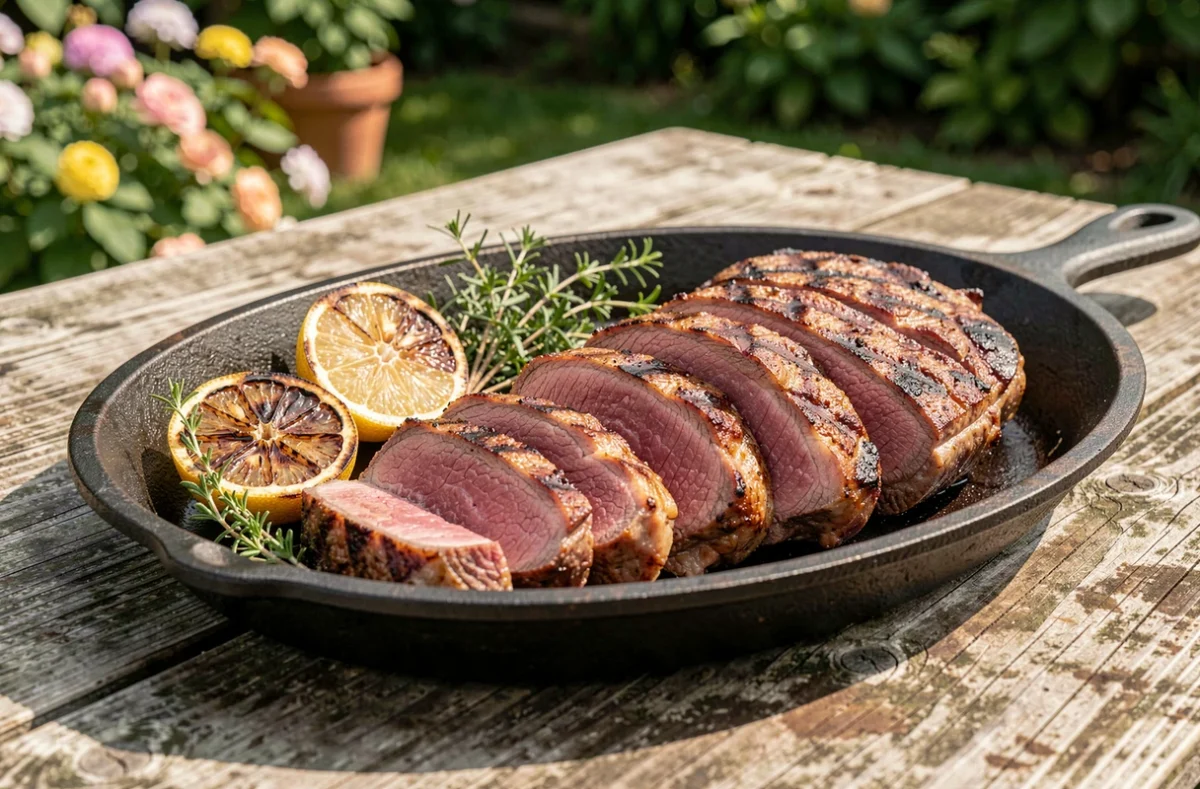 Picanha de veau grillée tranchée en médaillons rosés sur un plat en fonte avec des citrons grillés et du thym frais
