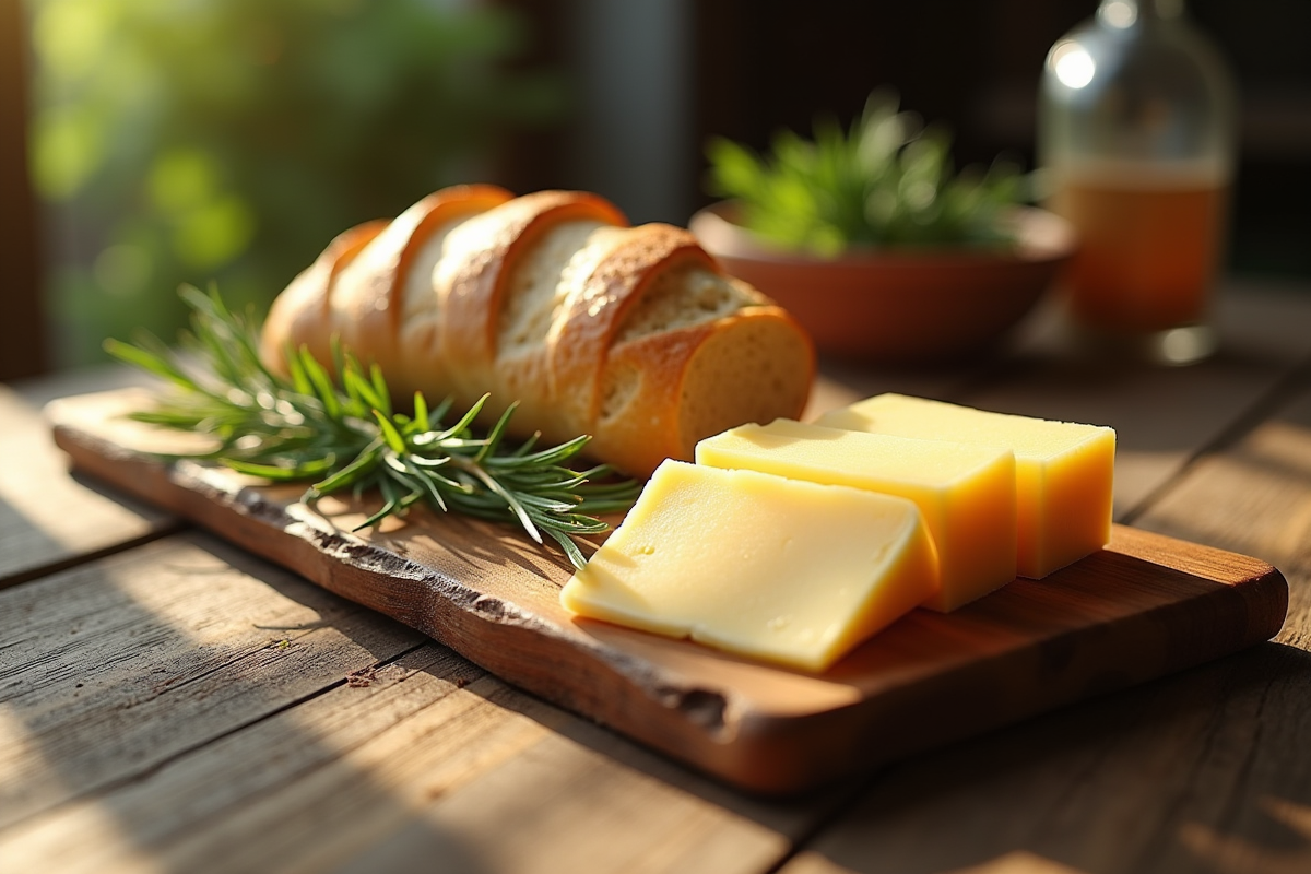 Planche en bois sur table ensoleillée avec pain et fromages