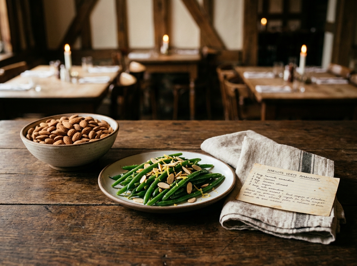 Plat de haricots verts aux amandes servi sur table en bois rustique dans un restaurant bistro chaleureux