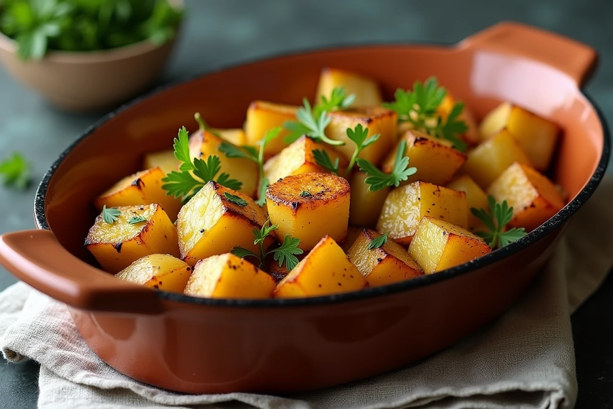 Plat de courge longue de Nice rôtie avec pommes de terre dorées dans un plat en terre cuite