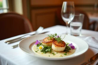 Plat signature de scallops dorés élégamment dressés sur assiette blanche dans un restaurant raffiné proche du Rivoli à Paris