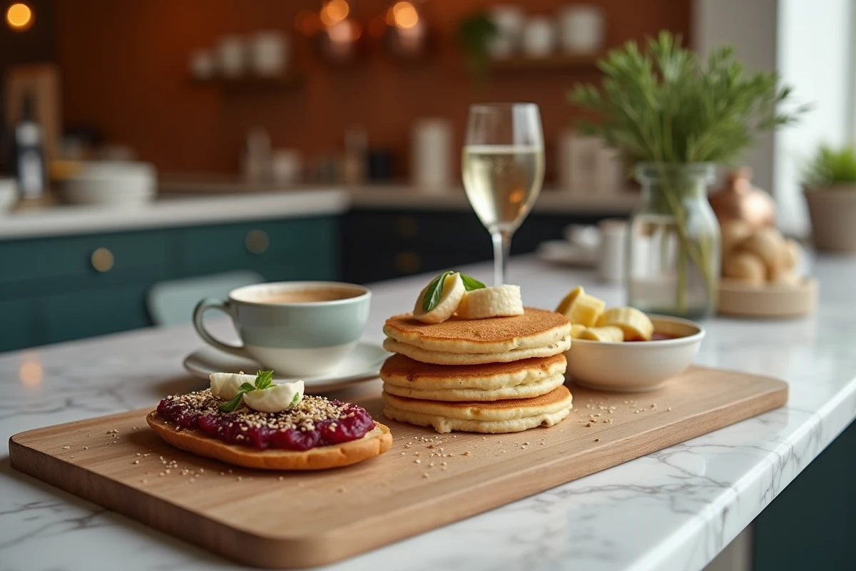 Plateau de brunch végétarien gourmand avec tartine betterave-chèvre, hummus et pancakes au sarrasin dans un restaurant tendance à Hyères