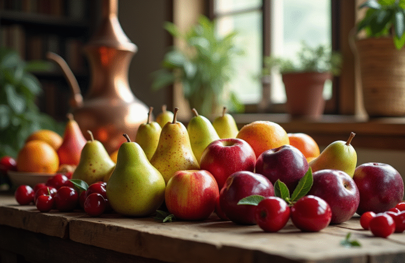 Plateau de fruits frais sur une table en bois avec alambic en arrière-plan
