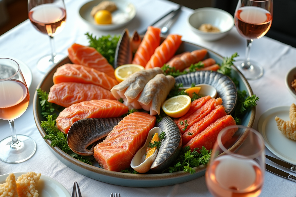 Plateau de fruits de mer avec vins blanc et rosé