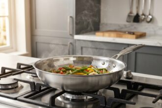Poêle en inox de 28 cm posée sur un feu à gaz dans une cuisine moderne, illustration du choix de diamètre selon la taille du foyer