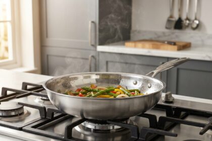 Poêle en inox de 28 cm posée sur un feu à gaz dans une cuisine moderne, illustration du choix de diamètre selon la taille du foyer