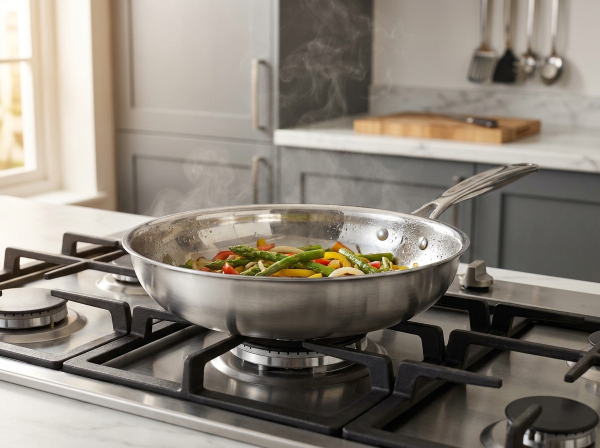Poêle en inox de 28 cm posée sur un feu à gaz dans une cuisine moderne, illustration du choix de diamètre selon la taille du foyer