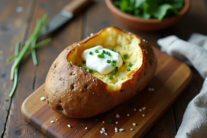 Pomme de terre au four légère ouverte avec yaourt grec et ciboulette sur une planche en bois rustique