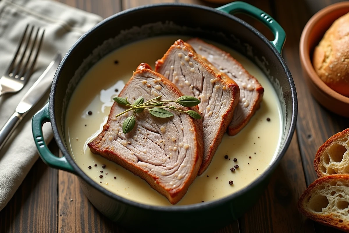 Rôti de porc en sauce dans une cocotte en email