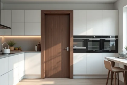 Porte en bois foncé mal assortie aux meubles blancs d'une cuisine moderne, illustrant une erreur courante d'aménagement