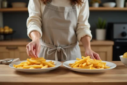 Femme portionnant des frites maison dans une cuisine moderne avec deux assiettes blanches