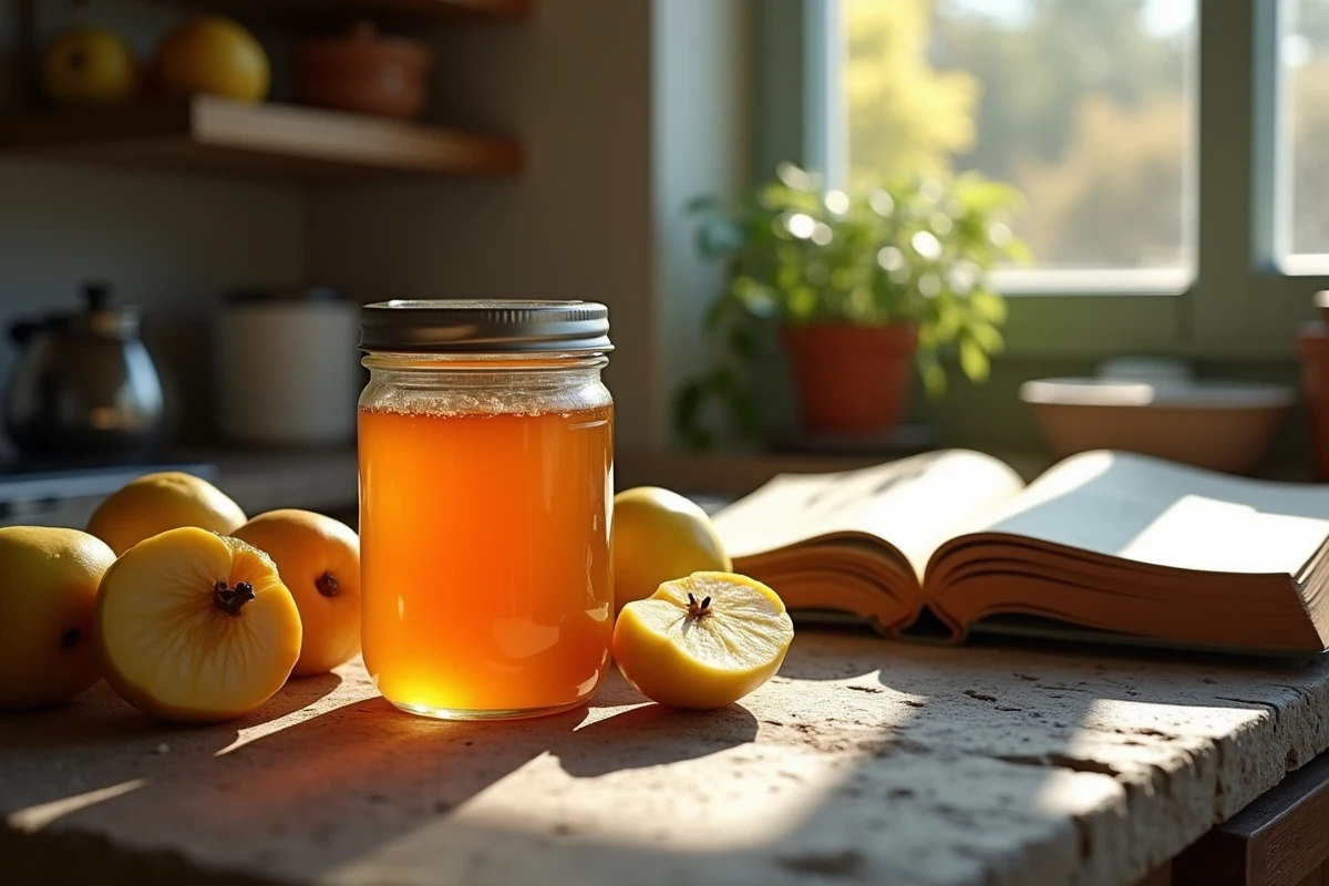 Pot de confiture de quinces entouré de fruits et livre de recettes ancien