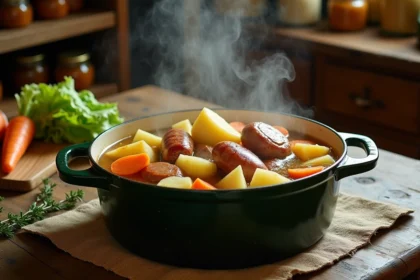 Potée au chou mijotant dans une cocotte en fonte émaillée avec saucisses fumées, légumes et bouillon doré sur une table de ferme rustique