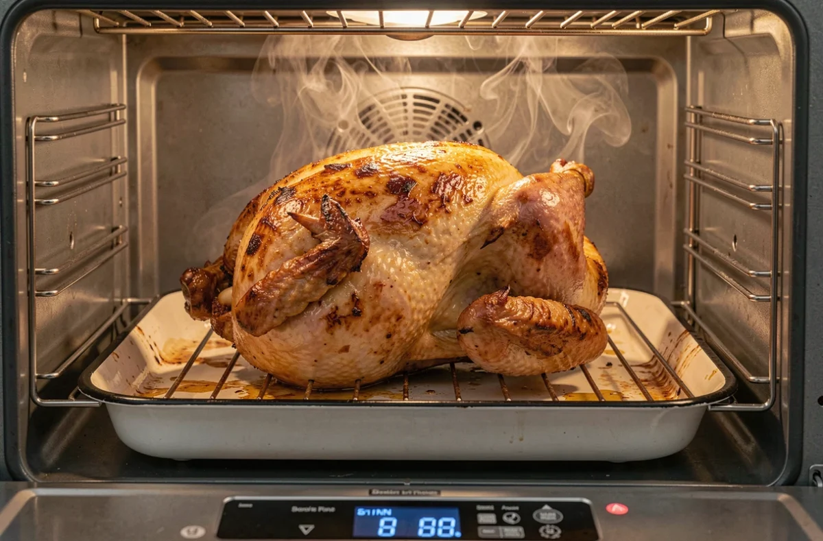 Poulet rôti doré et croustillant dans un four combiné ouvert montrant les modes de cuisson chaleur statique et tournante