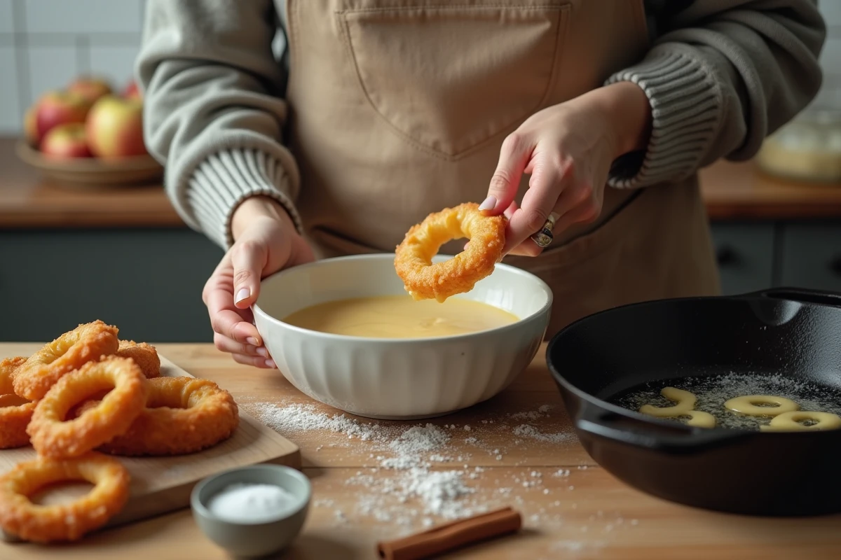 Femme préparant des beignets aux pommes dans une cuisine maison, trempant des rondelles de pomme dans la pâte à frire