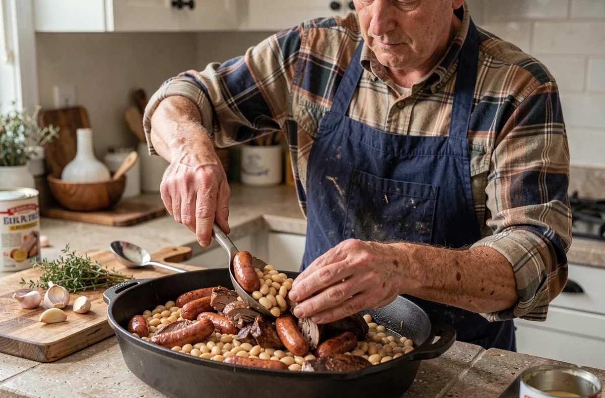 Chef à domicile assemblant les couches d'un cassoulet toulousain dans une cocotte en fonte, entouré d'ingrédients authentiques sur un plan de travail en pierre