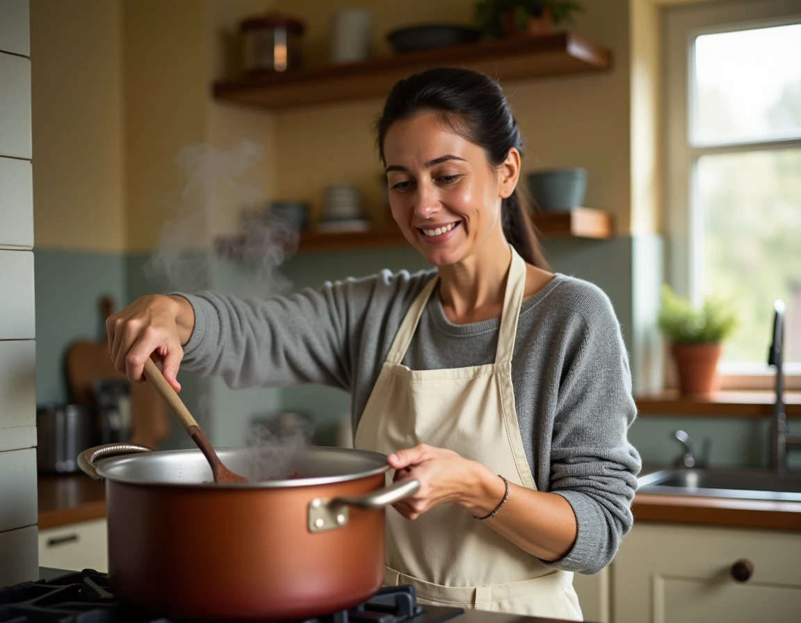 Femme préparant de la confiture aux prunes caramélisée dans une cuisine rustique en remuant un chaudron en cuivre