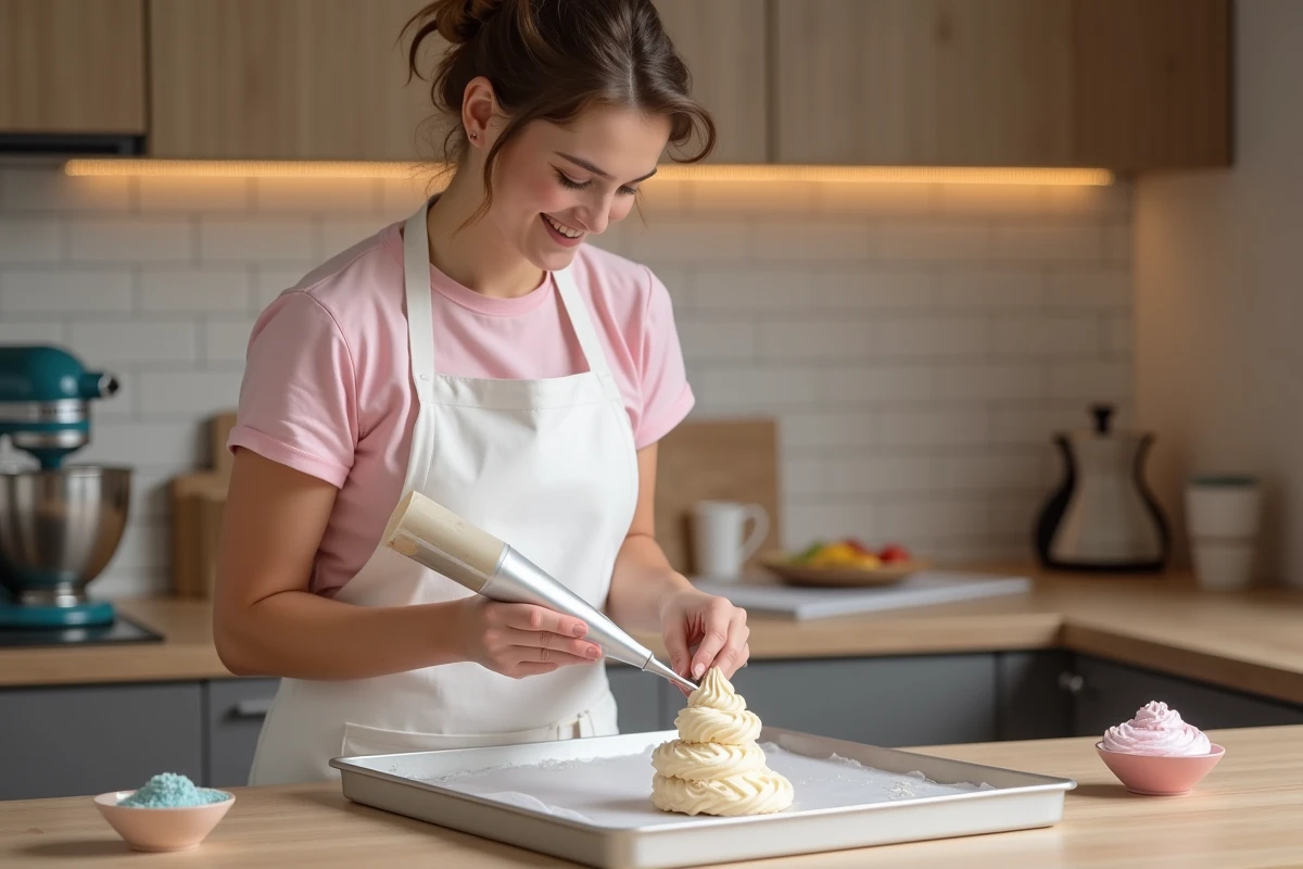 Femme en tablier préparant des crottes de licorne à la poche à douille dans une cuisine moderne