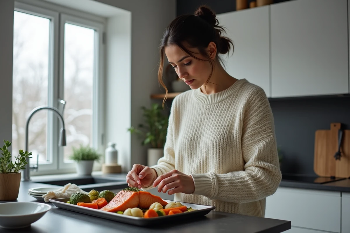 Femme préparant un dîner léger d'hiver avec saumon et légumes rôtis dans une cuisine moderne