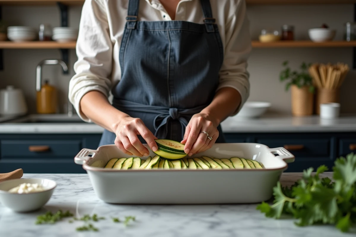 Femme préparant un gratin de courgettes en superposant des tranches fines dans un plat à gratin sur un plan de travail en marbre