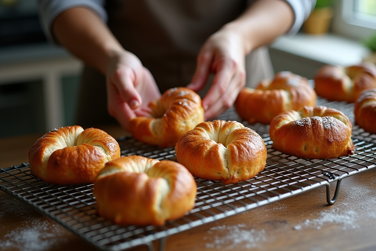 Mains d’un boulanger disposant des pains aux raisins chauds