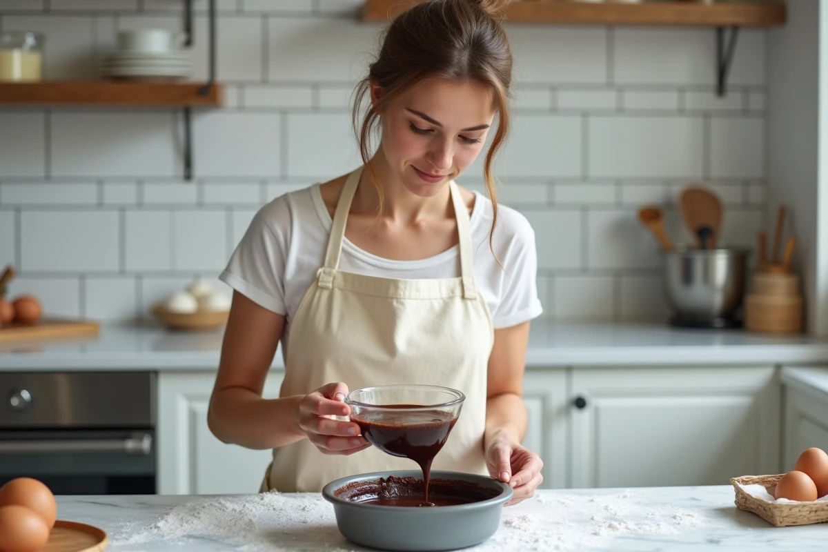 Jeune femme versant une pâte à gâteau au chocolat dans un moule, recette facile et inratable pour débutants