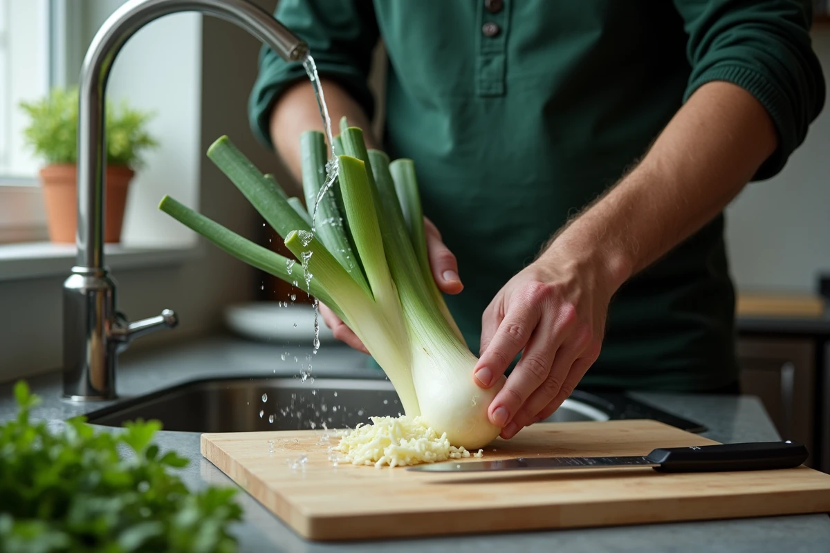 Homme préparant et lavant des poireaux avant de les couper avec un couteau d'office dans une cuisine moderne