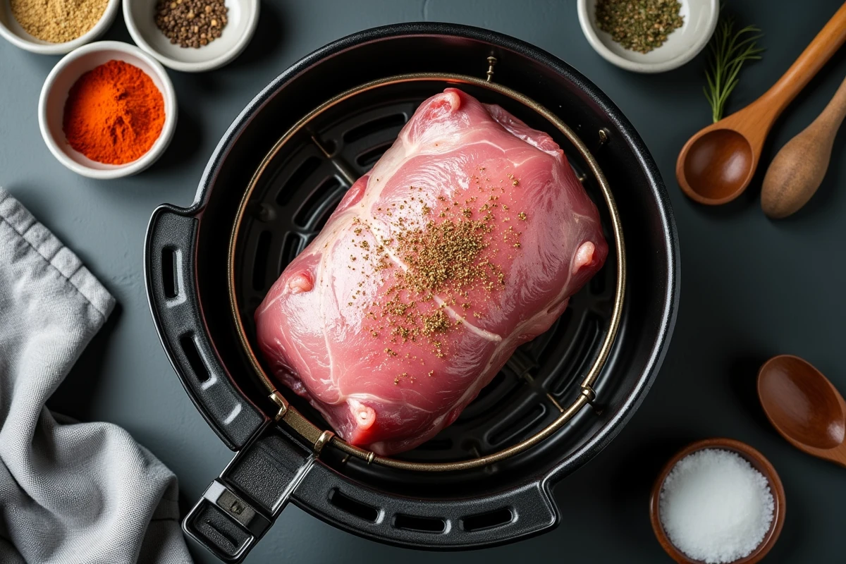 Vue de dessus d'un rôti de porc cru assaisonné dans un panier d'airfryer entouré d'épices et d'herbes aromatiques