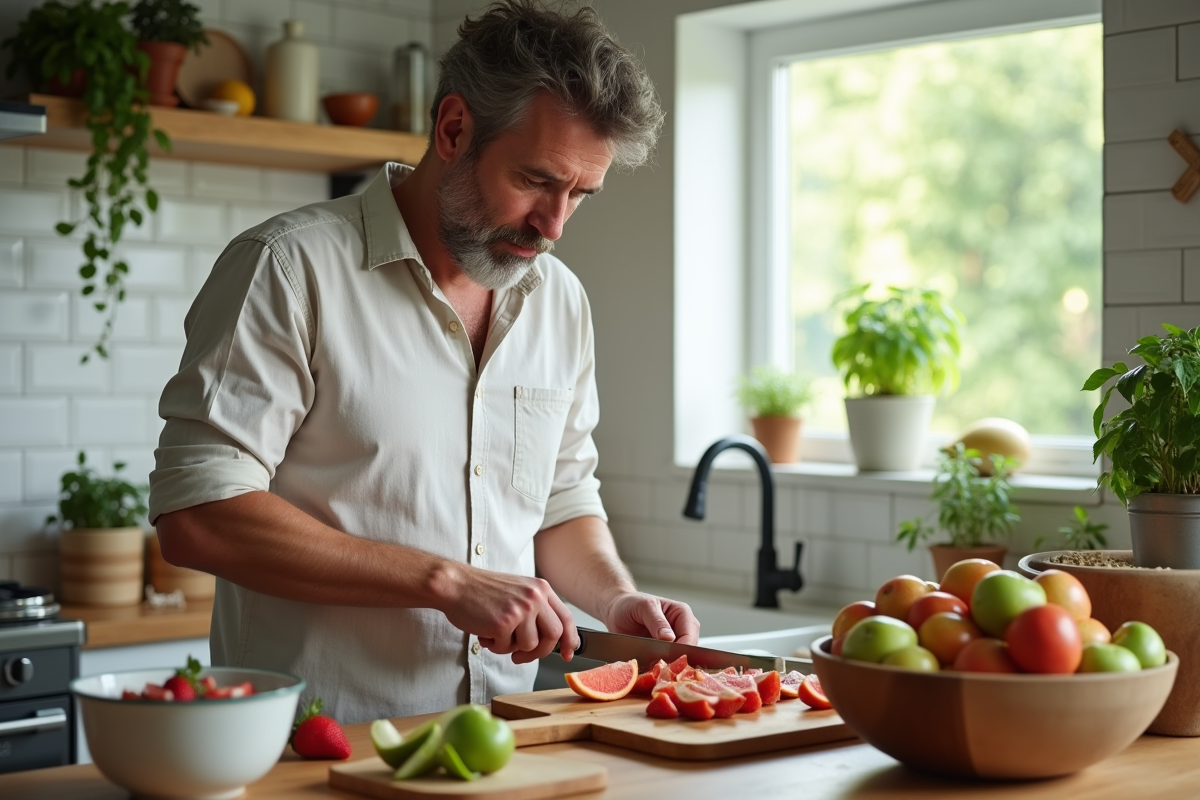 Homme préparant une salade de fruits dans la cuisine