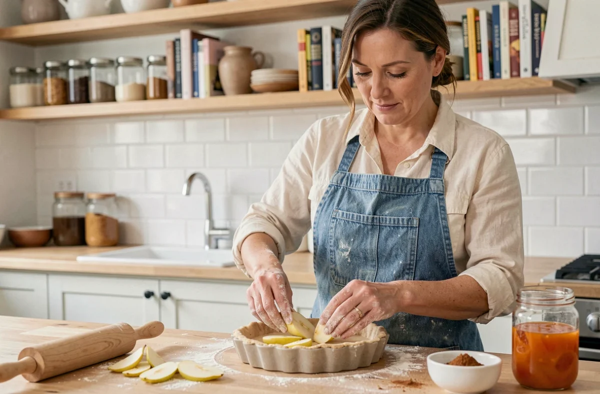 Femme préparant une tarte aux poires maison dans une cuisine moderne avec ingrédients du placard