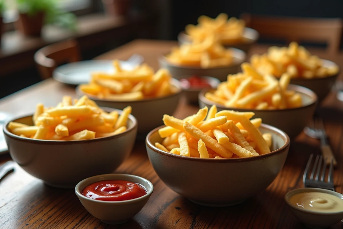 Table familiale avec quatre portions de frites dorées servies dans des bols pour illustrer la quantité idéale par personne