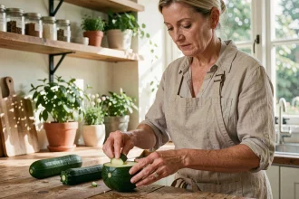 Femme préparant des courgettes farcies dans une cuisine rustique en été, légumes frais et herbes aromatiques sur le plan de travail